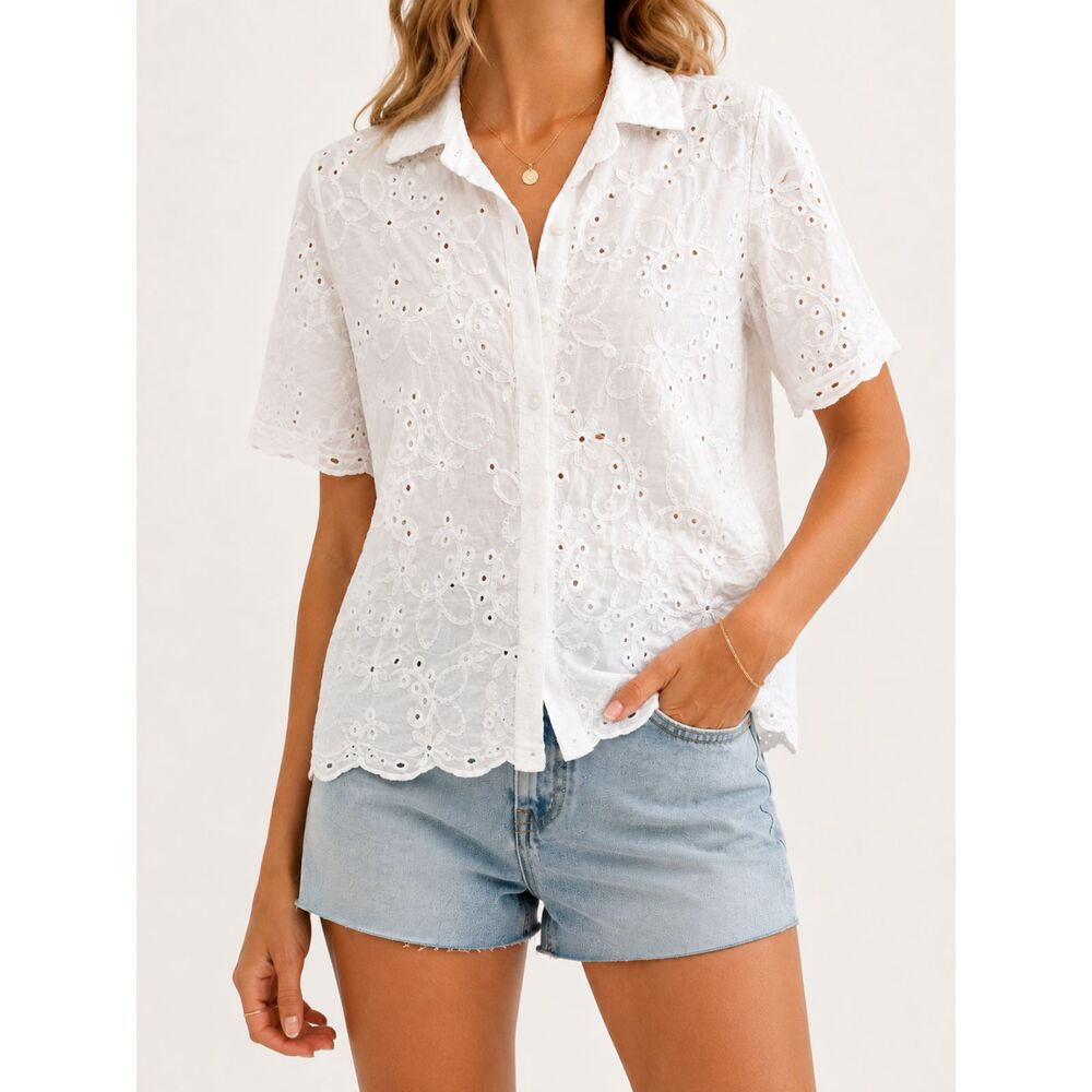 Astrid White Eyelet Embroidered Cotton Button Blouse XS Made in Italy Boho